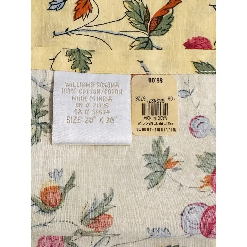 Williams Sonoma Fruit Print Yellow Dinner Napkins Set of 4 New 20 X 20